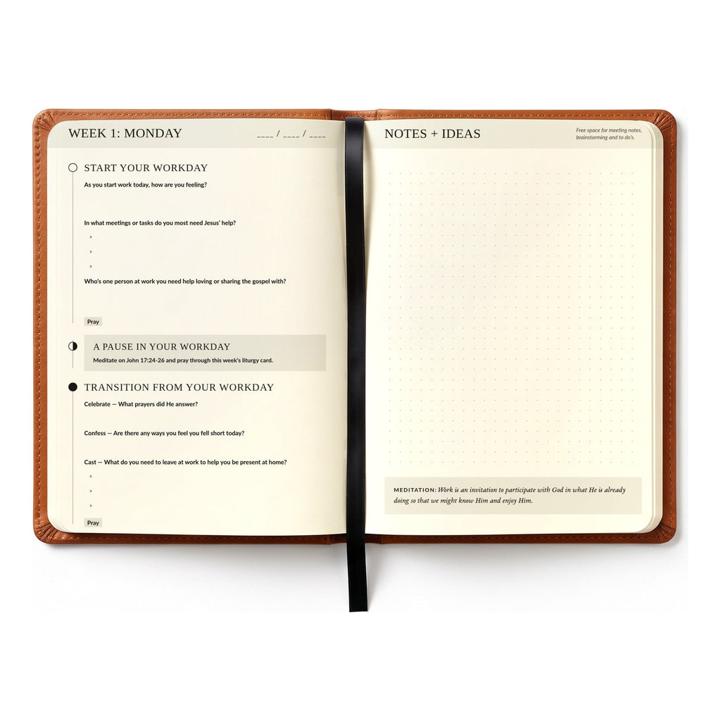 Ambassador Journal open to a daily page — the 5/5/5 rhythm with morning, midday and end-of-day prompts, facing a dot-grid notes page
