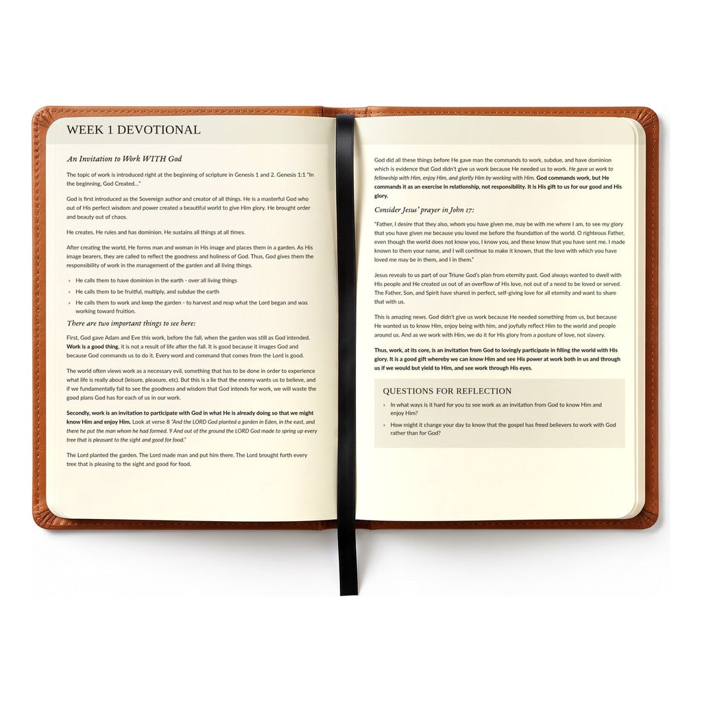 Ambassador Journal open to the Week 1 devotional spread, An Invitation to Work WITH God, with questions for reflection